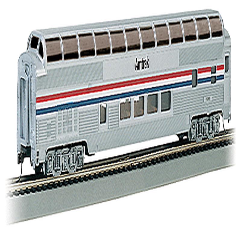 Bachmann Trains HO 13032 Budd 85\' Full-Length Dome with Lights, Silver Series, Amtrak (Phase III, Equal red & blue Stripes)