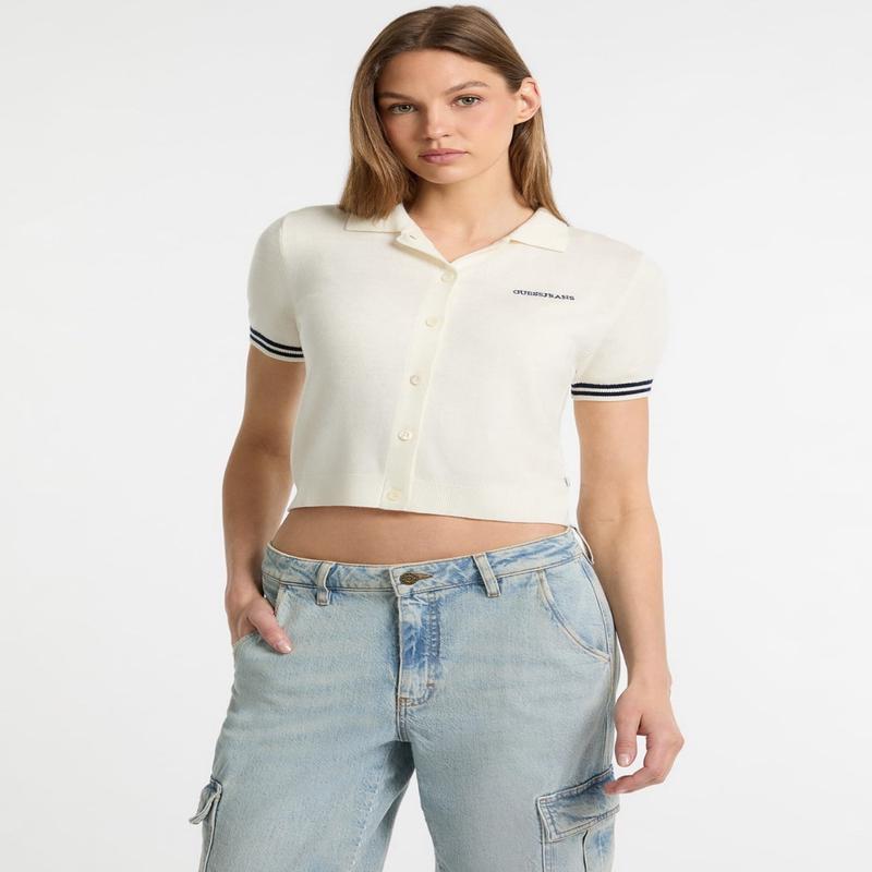 Jeans White Polo Cardigan Sweater