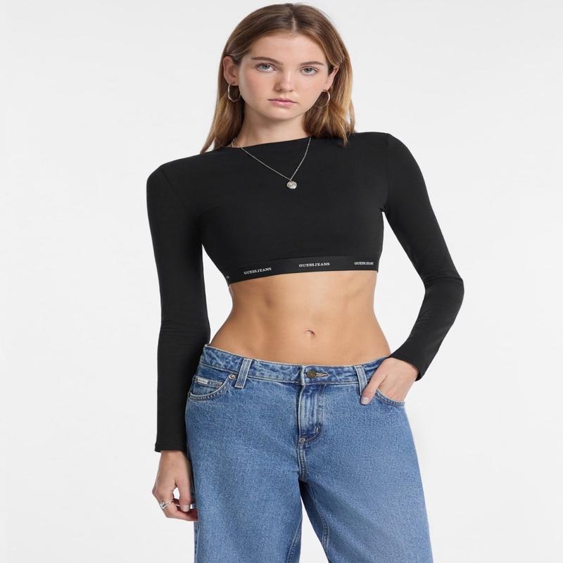 Jeans Black Long Sleeve Cropped Top