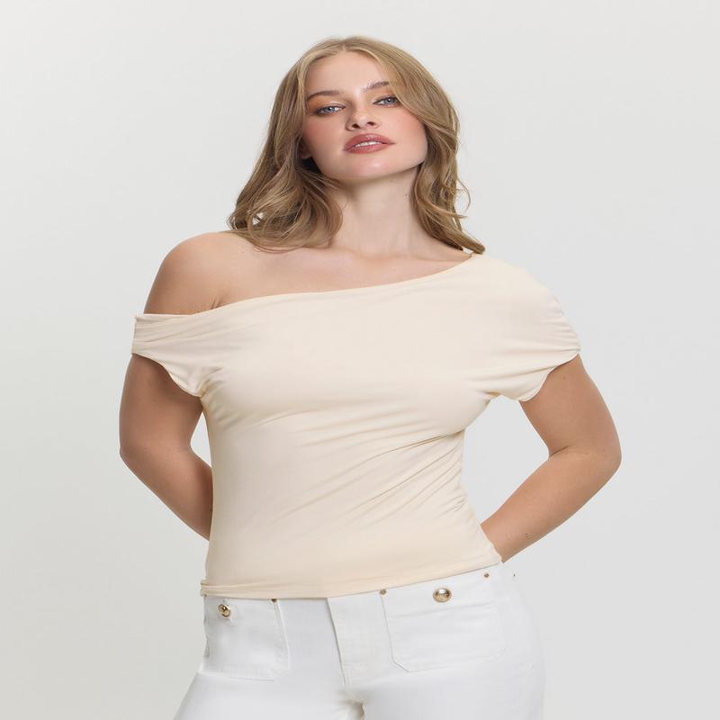 Beige Dolman Off-Shoulder Miraya Top