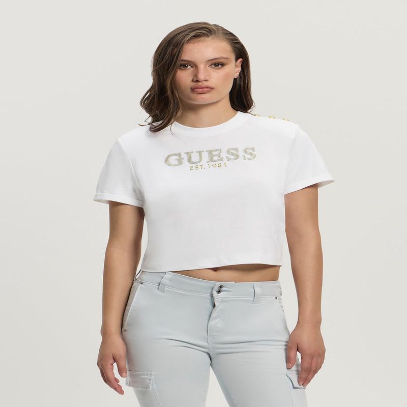 White Rhinestone Logo Cropped T-Shirt