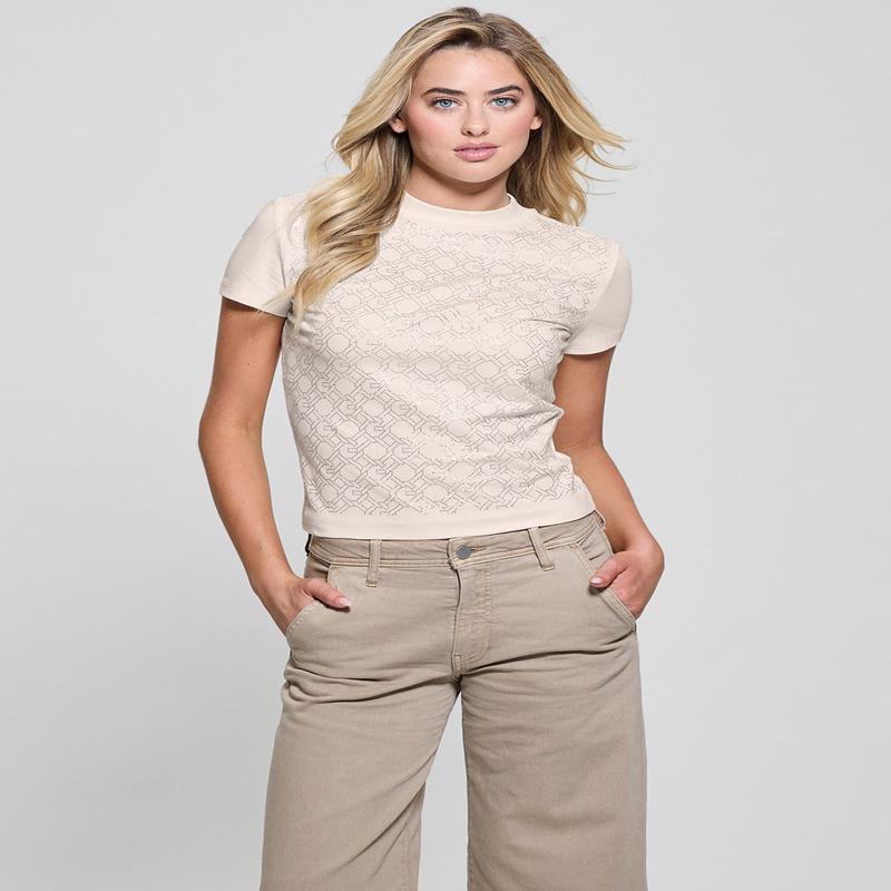 Beige Logo Mock Neck T-Shirt