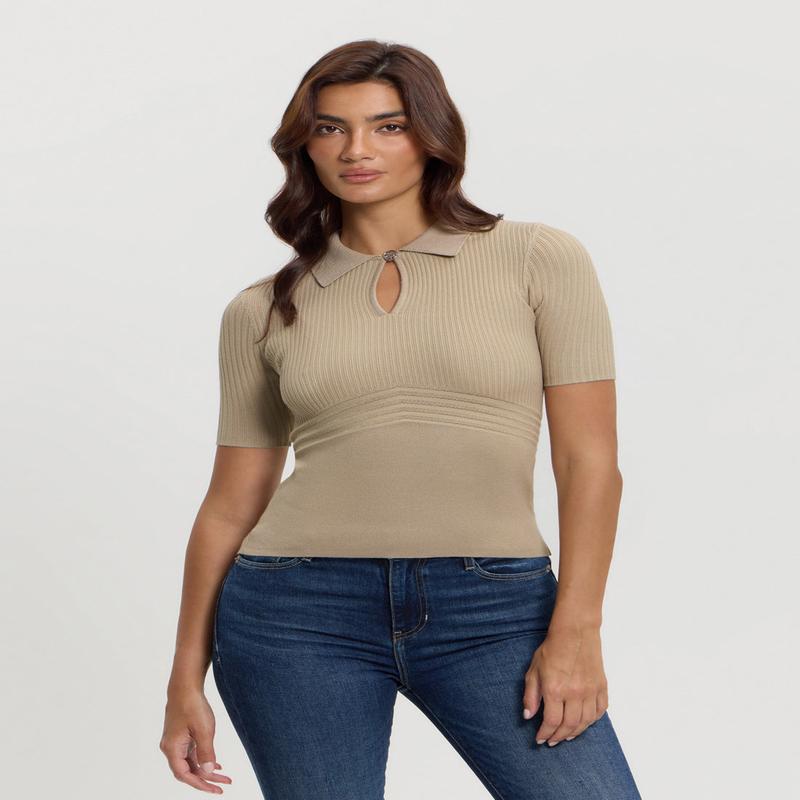 Beige Floral Cut-Out Knit Top
