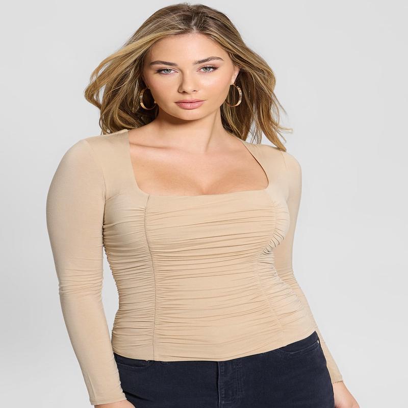 Beige Adrianna Shirred Top