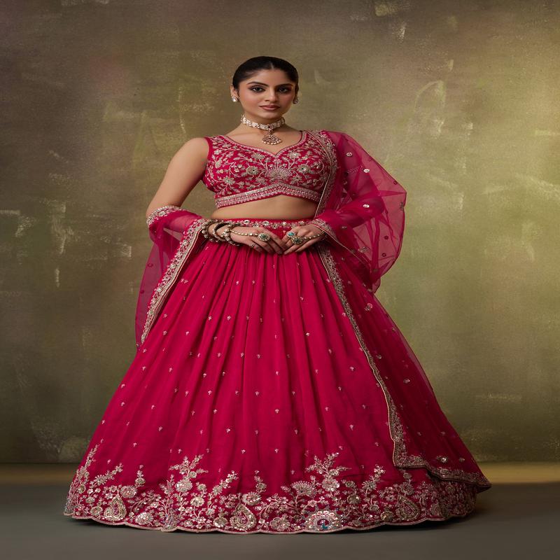Red Georgette Sequins, Thread & Embroidery Bridesmaid Lehenga