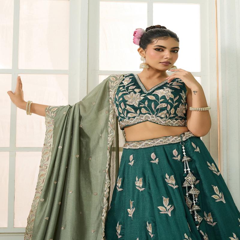 Dark Green Silk Sequins Embroidery Guest Lehenga for Mehendi