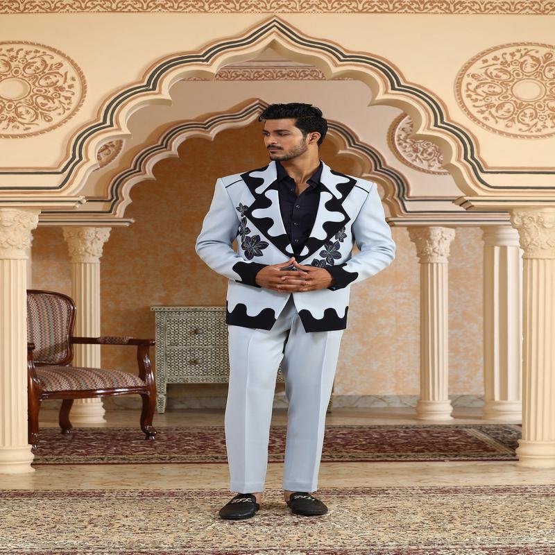 Blue Italian Viscose Lily Dual Tone Applique & Moti Work Party Wear Tuxedo Set