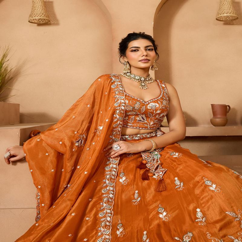 Orange Tissue Sequins Embroidery Bridesmaid Lehenga for Wedding