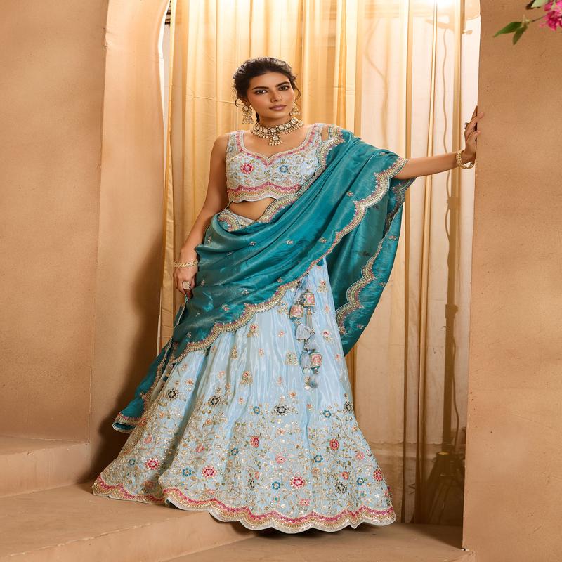 Turquoise Blue Tissue Sequins Embroidery Sangeet Lehenga for Bridesmaid