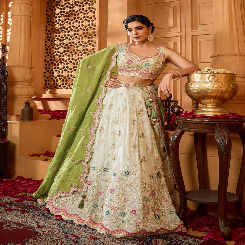 Green Tissue Sequins Embroidery Mehendi Lehenga for Bridesmaid