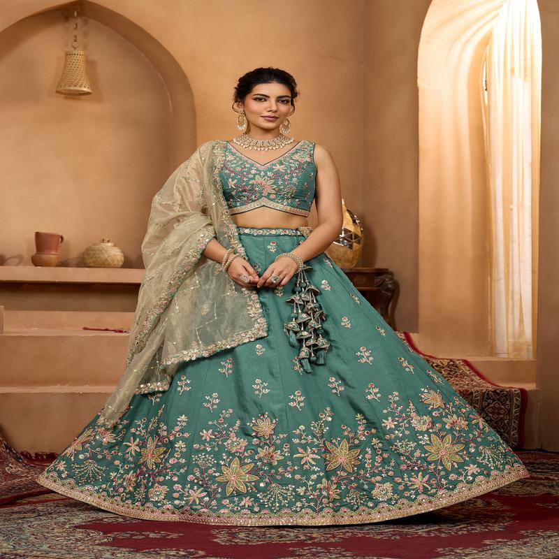 Green Georgette Sequins Embroidery Wedding Guest Lehenga