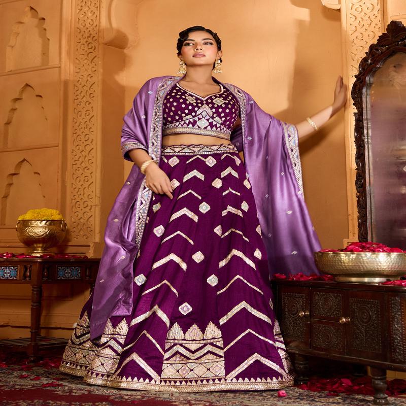 Burgundy Silk Sequins Embroidery Lehenga