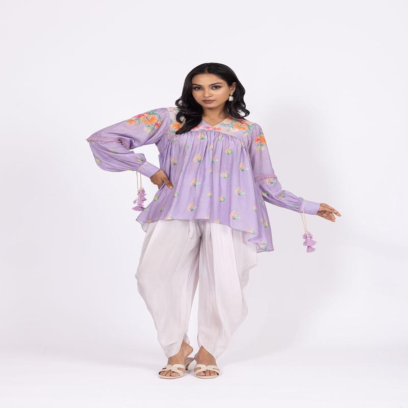 Zoya Floral Embellished Bamber Muslin Top with Lilac Crepe Dhoti